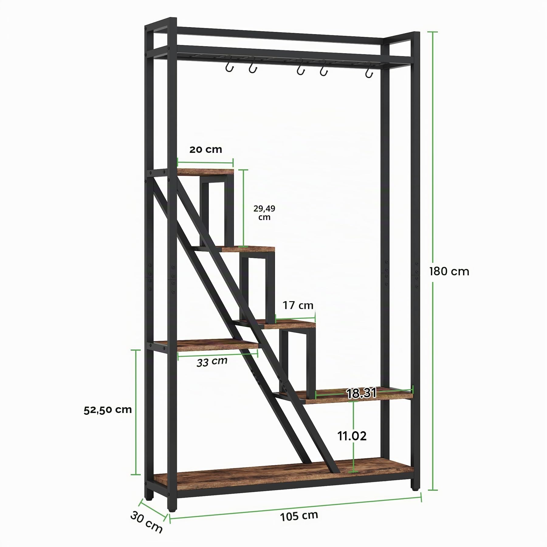 Tribesigns Support pour plantes d'intérieur à 7 niveaux,Grande étagère en métal de 180 cm avec 10 crochets de suspension en S, présentoir pour fleurs, pour intérieur, jardin, balcon, salon (Marron)