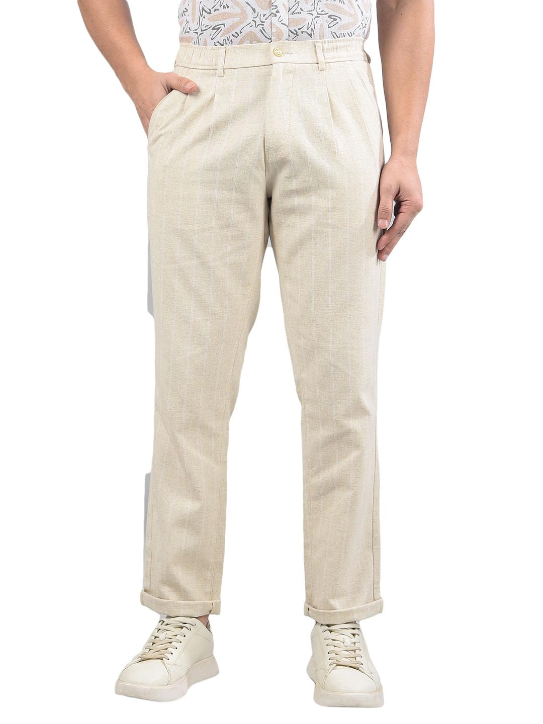 Men's Cream Printed Trousers-image-20
