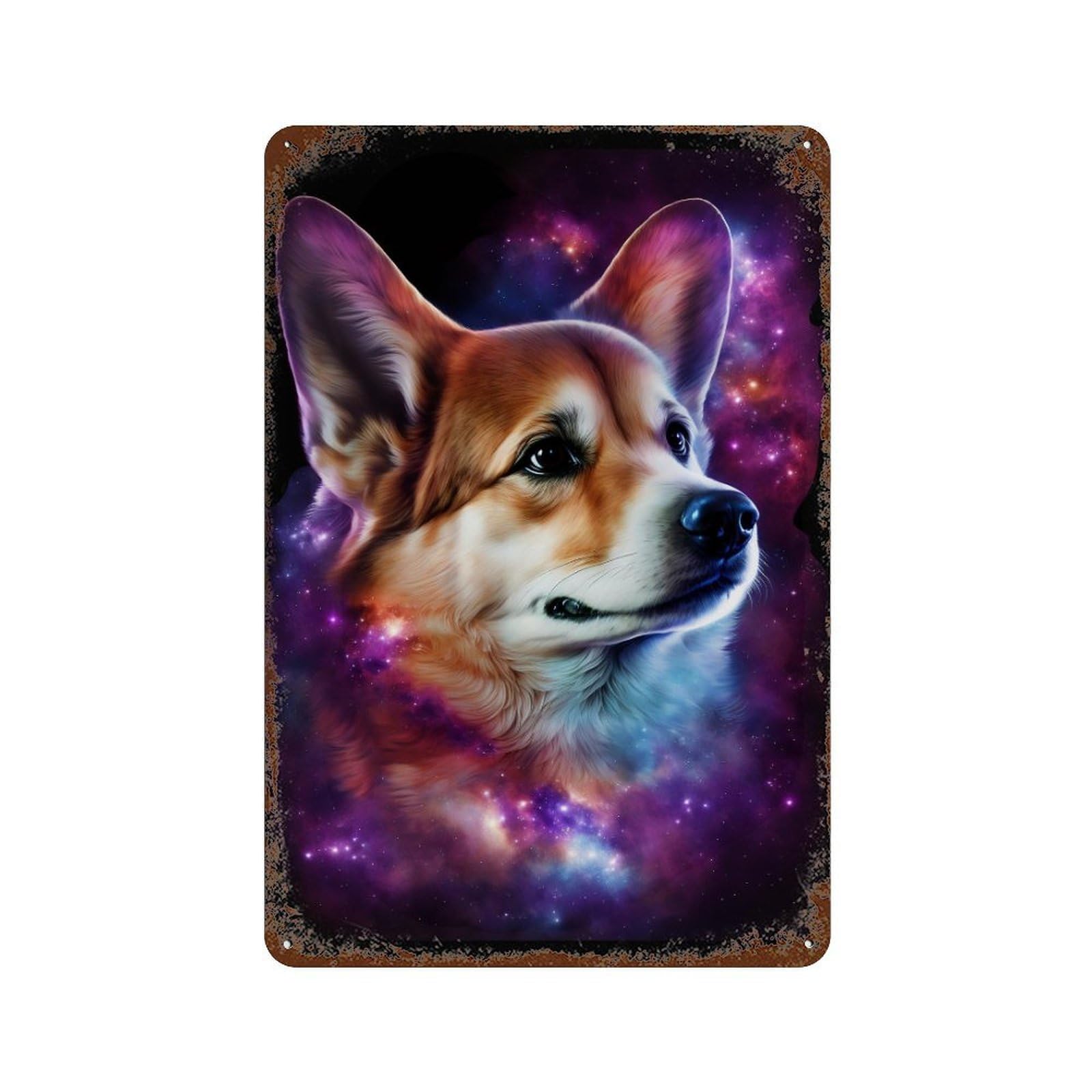 Cosmic Corgi Portrait Rust Effect Tin Sign 11.8"x7.9", Industrial Home Decor for Garage, Pub Or Kitchen