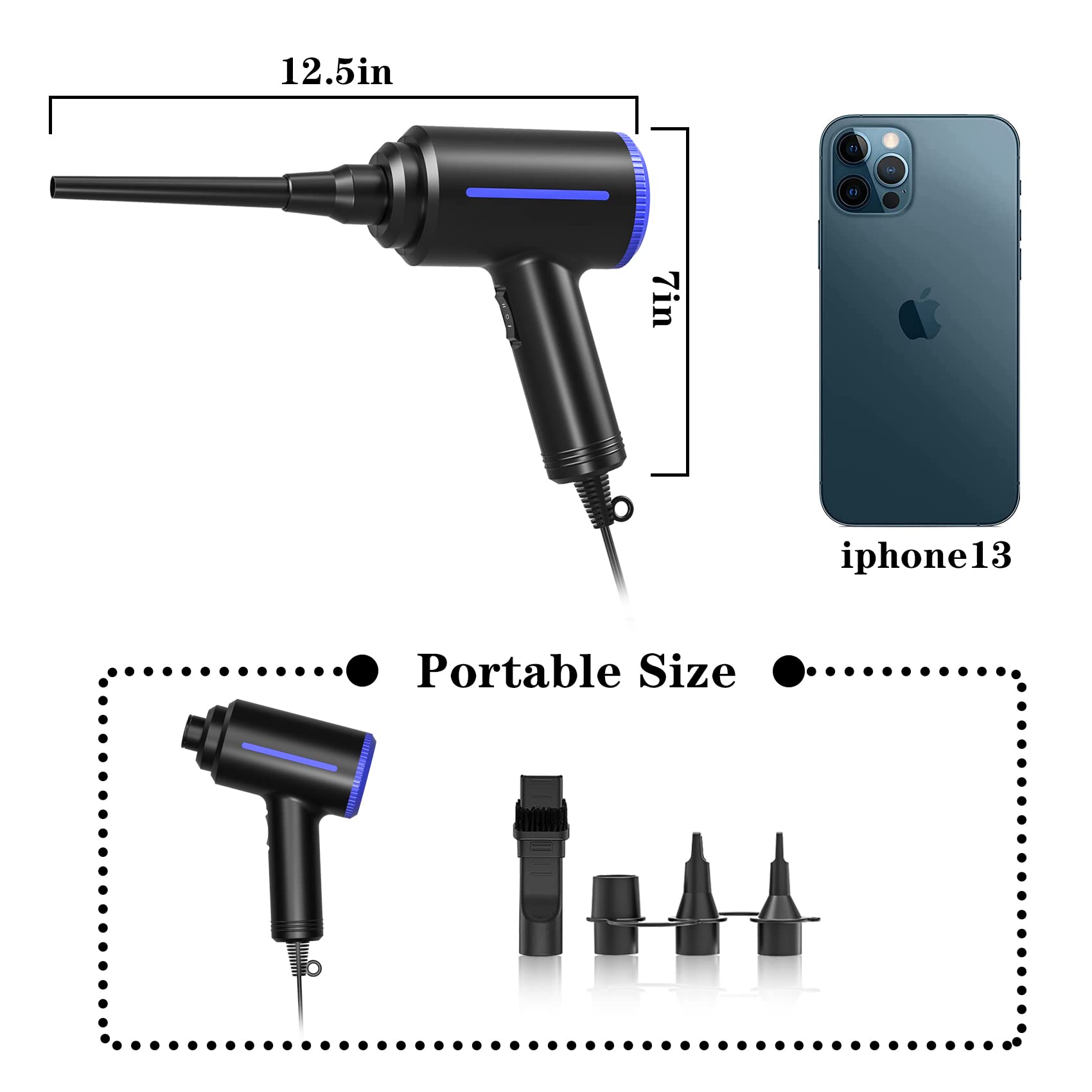 ATEngeus Elektrische Staubgebläse, 500W Druckluft, 2-Gang Air Duster, Druckluftspray PC Reinigungsset für Computer-Tastatur-Reinigung, Bürogeräte, Sofa, Auto