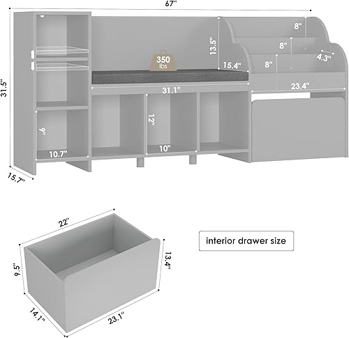 Miniatura 2 de HOSTACK Rincón de lectura para niños de 67 pulgadas con banco, estantería para niños y estantería con cojín de asiento y 6 cubos de almacenamiento,