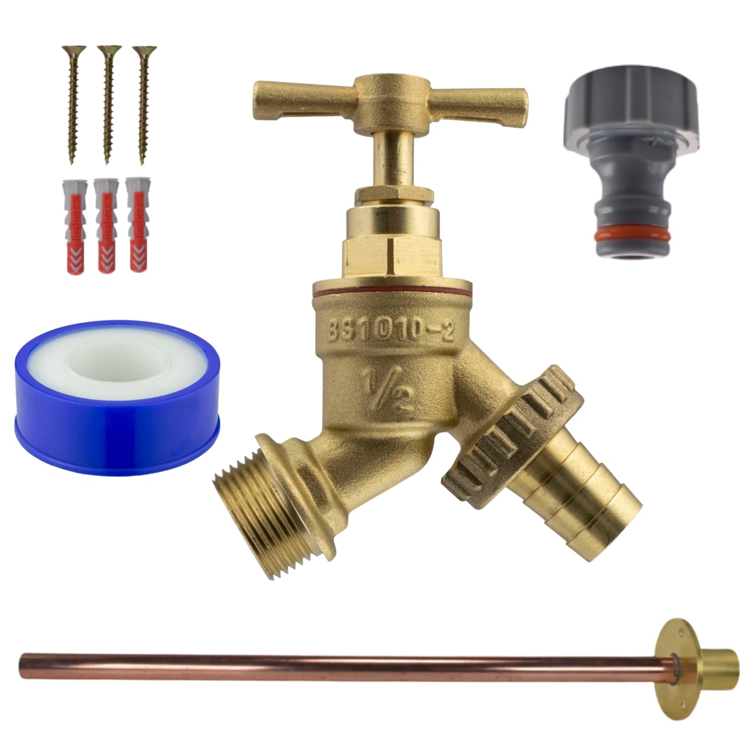 Through Wall Water Tap Connection Kit Garden Cold Water Brass Bib Installation Set Outside 1/2 Brass Bib TAP PTFE Screws Tube