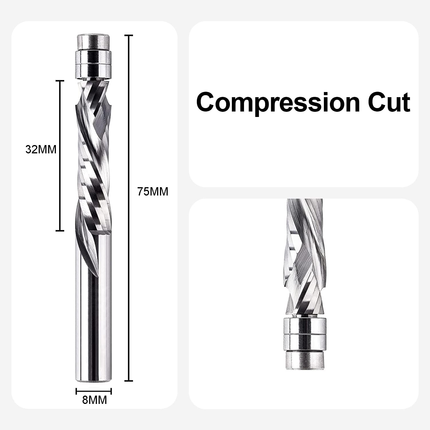 SpeTool Up&Down Fresa a Copiare Con Doppio Cuscinetto - 8 mm Diametro Attacco, 32 mm Lunghezza Taglio - Compressione in Metallo Duro Scanalata a Spirale per Legno