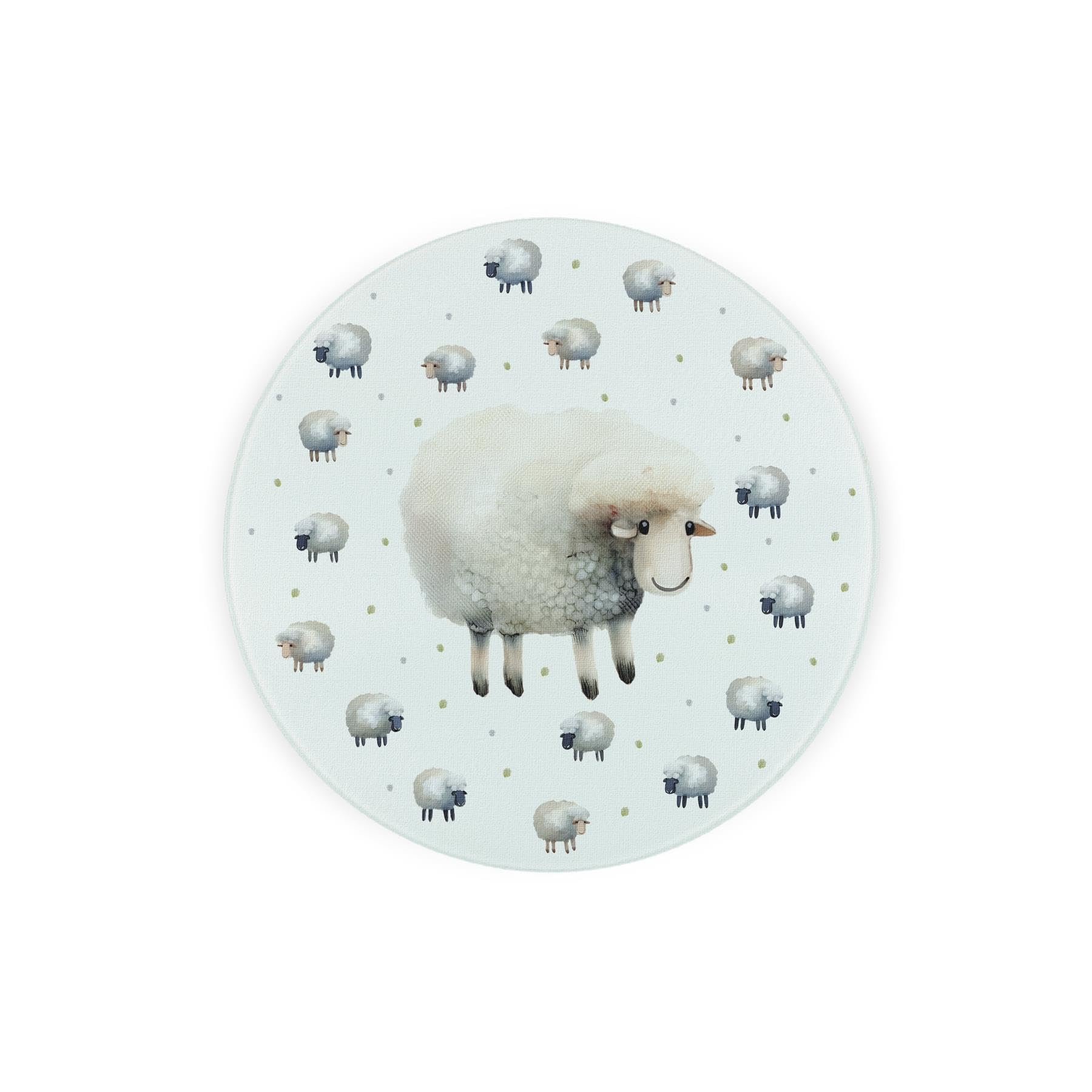 Spring Sheep Round Glass Trivet - Cartoon-Style Countryside Farm Animals Kitchen Gift - Small Textured Chopping/Cutting Board Worktop Protector with Non-Slip Feet 20cm x 20cm (8" x 8")