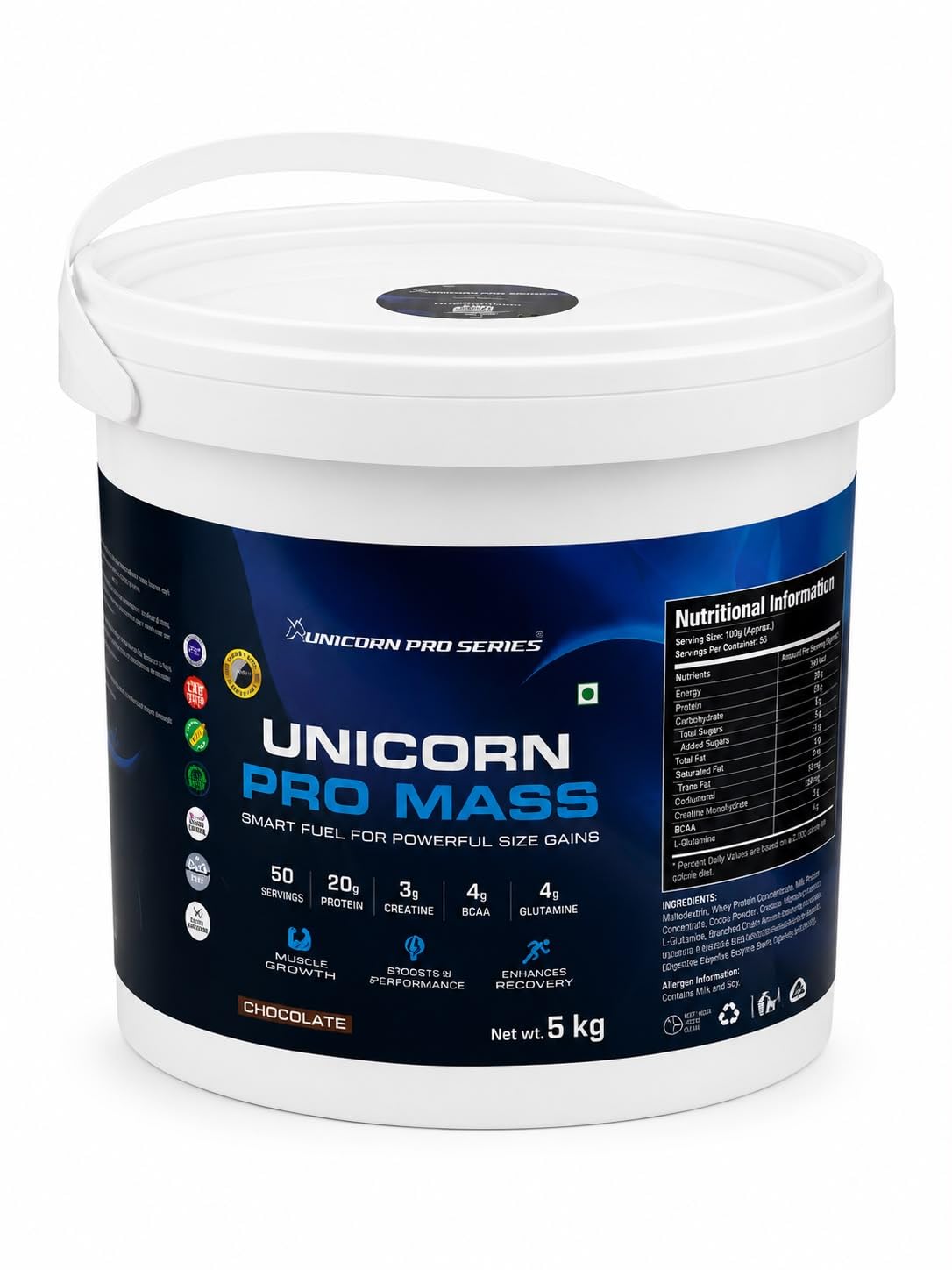 UNICORN Pro Mass Gainer Powder Chocolate Flavour | 20g Protein, 3g Creatine, 4g BCAA & 4g Glutamine | Weight & Muscle Gain Supplement | 5Kg-image-6