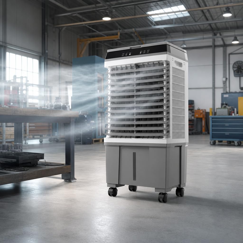 Climatizador Evaporativo Industrial 20L | Sin Tubo Exterior | Naves, Talleres y Terrazas hasta 20 m² | 65W | 3 Velocidades | Mando a Distancia | 4 Acumuladores de Frío | Oscilante | Portátil