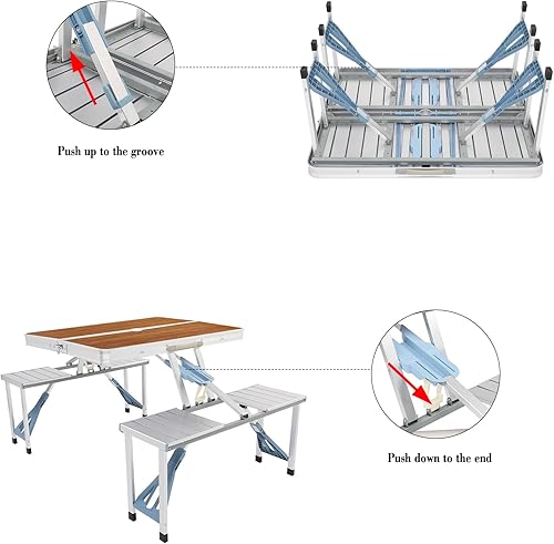 Miniatura 6 de WEI WEI GLOBAL Juego de mesa de picnic plegable portátil - Maleta de aluminio para exteriores con 4 asientos - Grano de madera