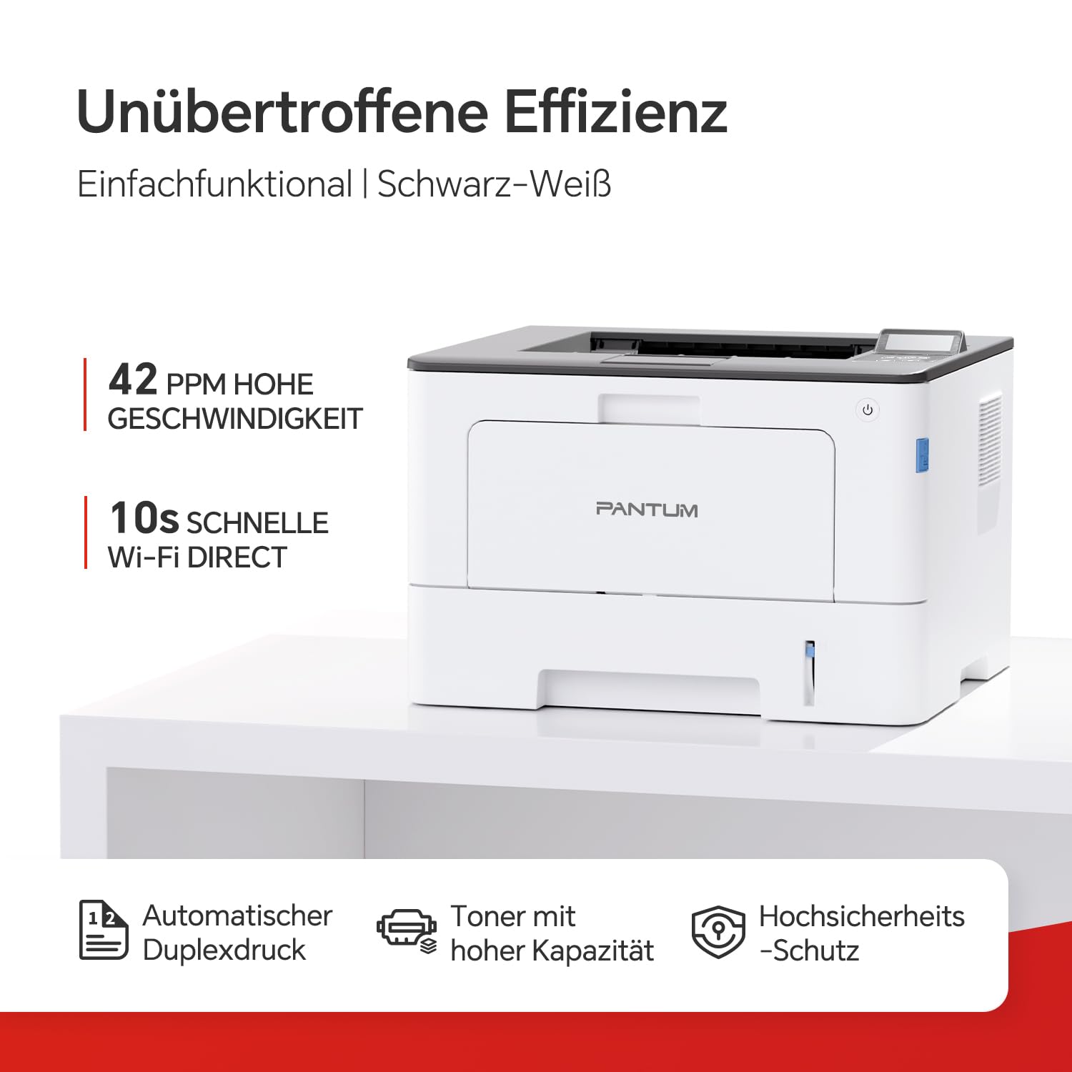 PANTUM BP5200DW Laserdrucker Schwarz Weiss, WLAN Drucker, Hohe Druckgeschwindigkeit 42 ppm, Automatischer Duplexdruck, USB, Ethernet, Airprint, A4, Inklusive 3000-Seiten-Starter-Tonerkartusche