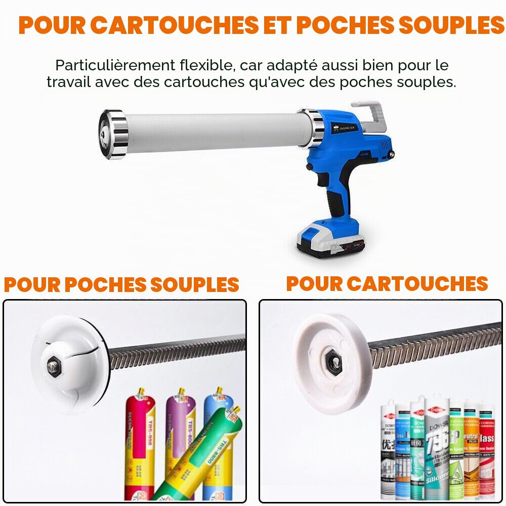 Pistolet à cartouche sans fil en silicone, 2 batteries 21 V, pour cartouches de 300 ml, sac à tuyau de 600 ml, 6500 N, 6 vitesses, chargeur inclus, seringue électrique en silicone avec LED
