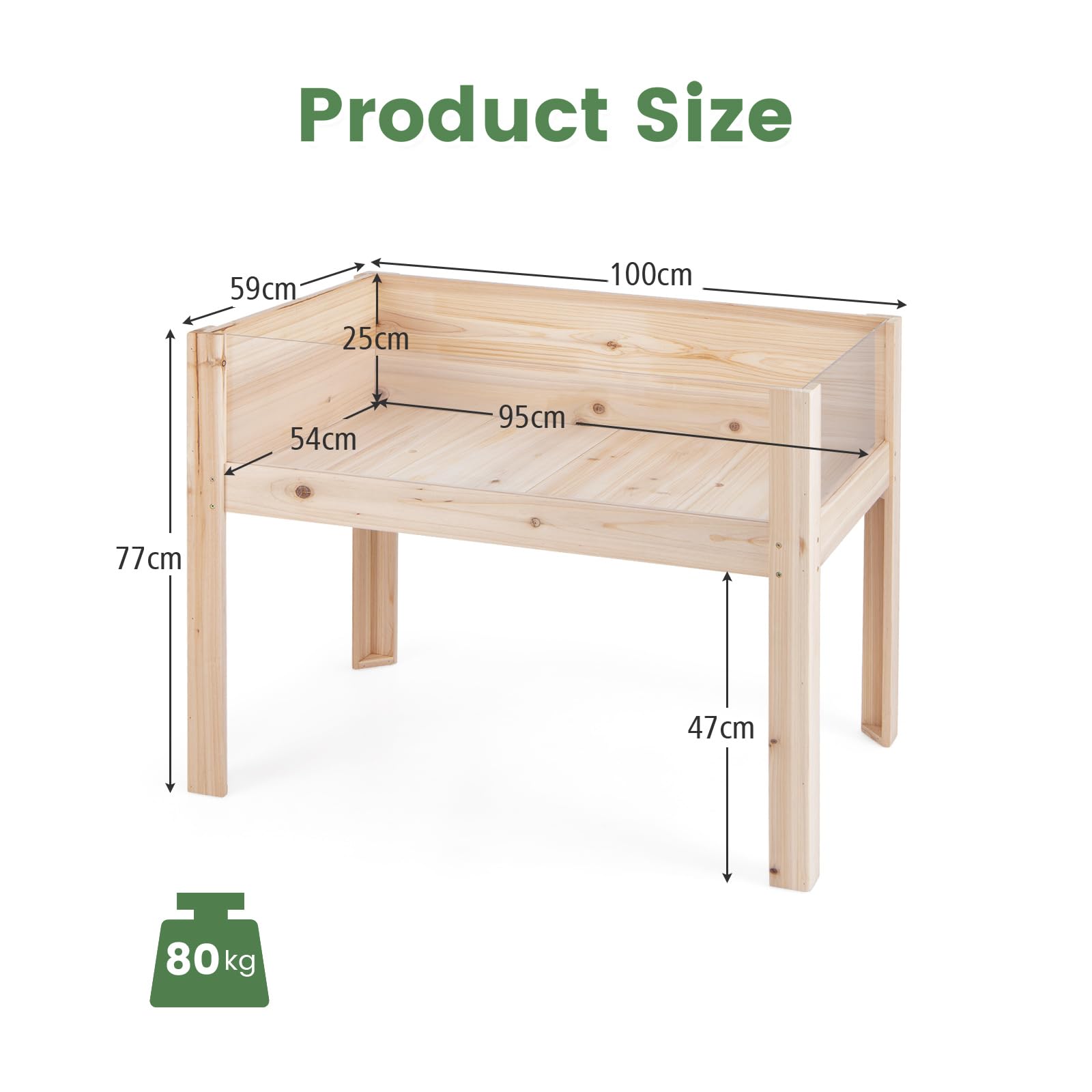 HOMASIS Huerto Elevado de Madera de Abeto con losa acrílica, Cama elevada para Mascotas con 2 Agujeros de Drenaje, Jardinera elevada con Volumen de 50L para balcón, jardín, Natural (100x59x77cm)