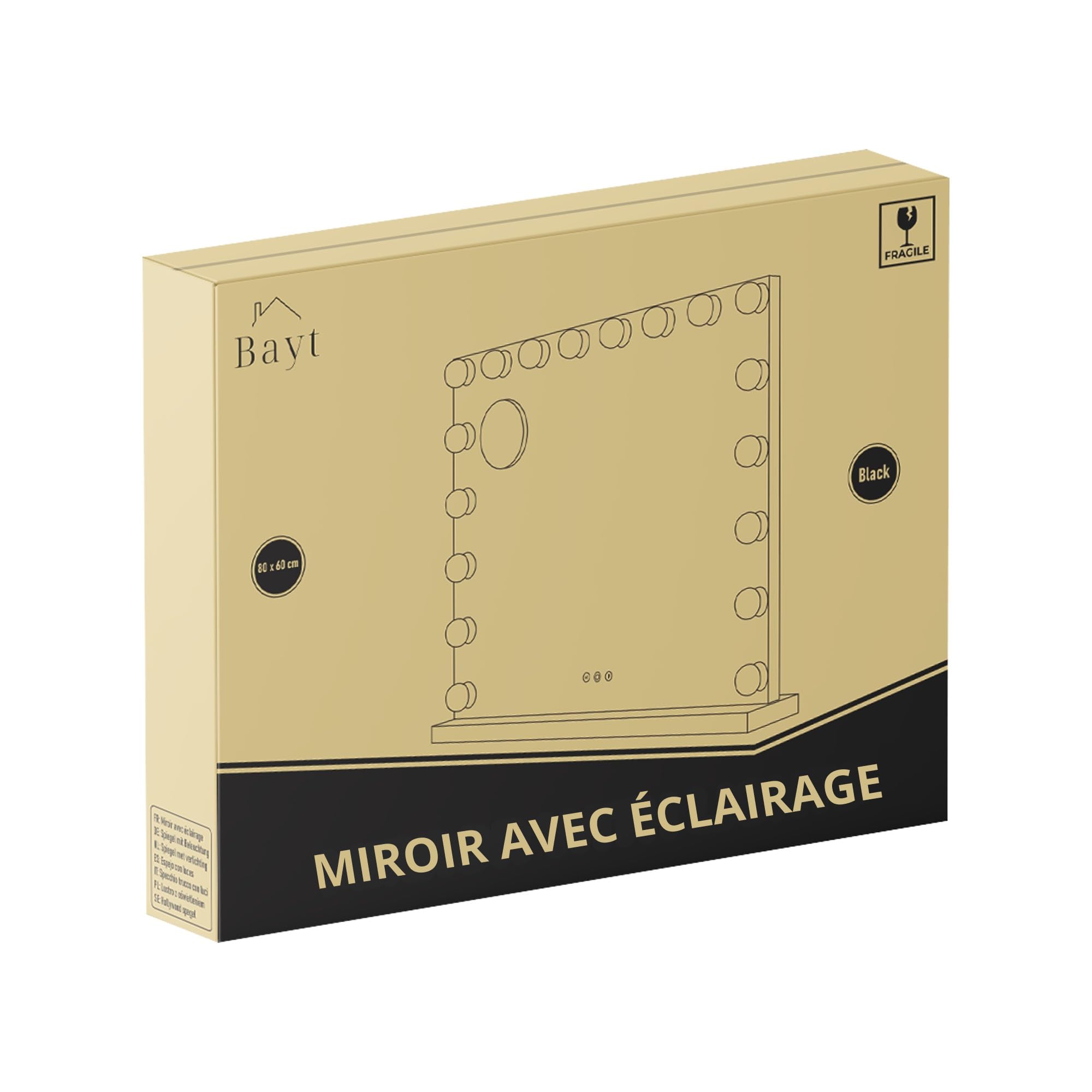 Bayt Miroir Maquillage Hollywood avec Éclairage 80x60 cm – Miroir LED Dimmable avec Grossissement 10x – Noir