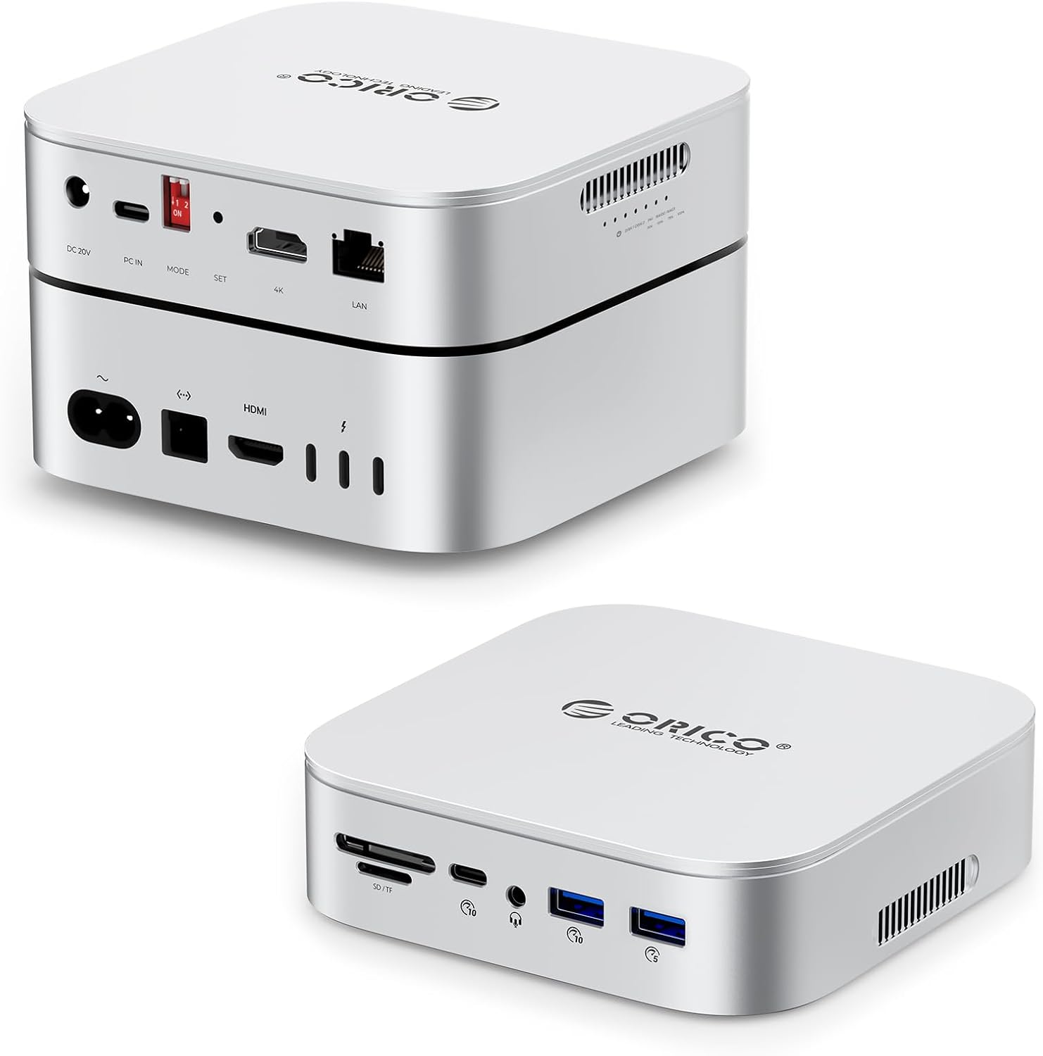 ORICO MiniRaid 10-in-1 Docking Station with Dual-Bay M.2 NVMe/SATA SSD Enclosure for Mac mini M4 Pro, Raid 0/1/PM, USB C HUB with HDMI 4K@60Hz, 10Gbps, PD60W, SD/TF Slot, RJ45 for Creator-MR10 Pro