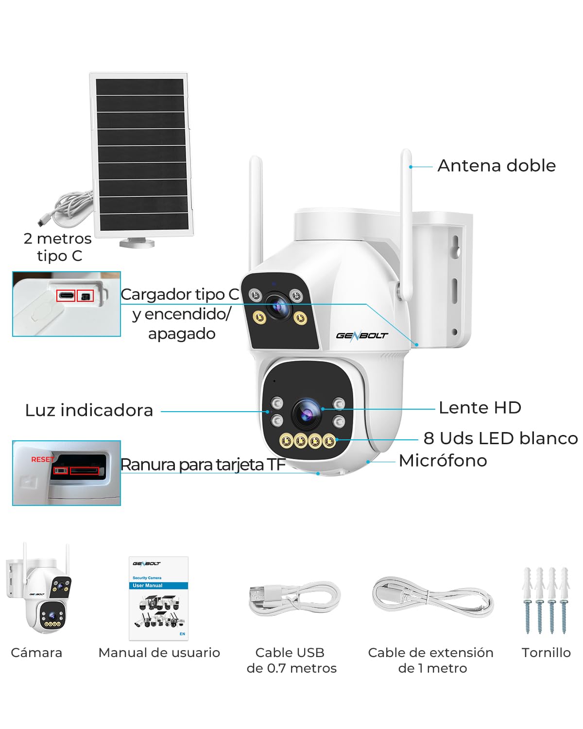 GENBOLT 2.5K AOV WiFi Solar Cámara Vigilancia Exterior Inalámbrica, Grabación 24/7 3MP+3MP Cámara IP Seguridad Exterior con Detección de IA Batería 15600mAh 8W, CCTV Cámaras Seguridad WiFi 2.4&5GHz