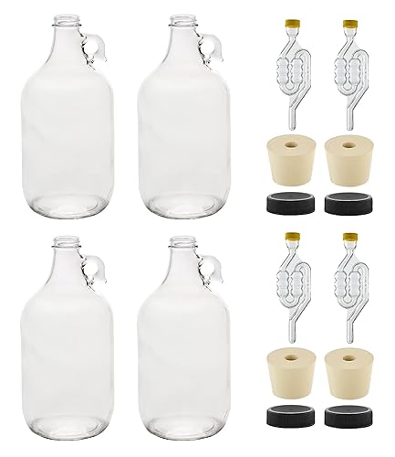 North Mountain Supply Jarra de fermentación de vidrio transparente de 1/2 galón (64 onzas) con asa, tapón de goma 6.5, cierre de aire de 6 burbujas,