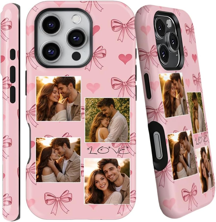 Custom Photos Case Compatible with iPhone 17 16 15 14 Pro Max 13 12 11 17 Air, Heart Bow Pictures Collage Hybrid 2-Layer Silicone Protective Glossy Phone Case (4 Photo)