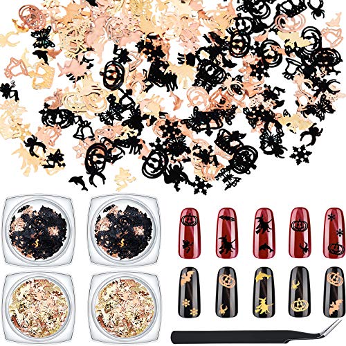 4 Boxes 480 Pieces Christmas Nail Art Sequins Halloween Glitters Gold Black Metal Decorations Snowflake Jingle Bell Pumpkin Witch Spider 3D Manicure Sequins with Tweezers for Nail Art Decoration