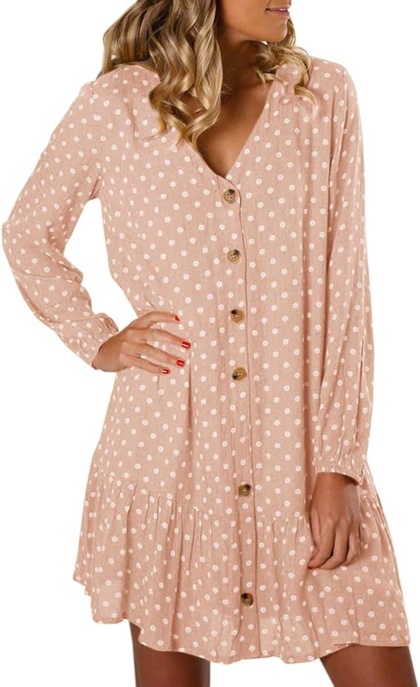 SAIKESIGIRL Womens Polka Dot Button Down Dress Boho Short Sleeve Ruffle Mini Dresses with Belt