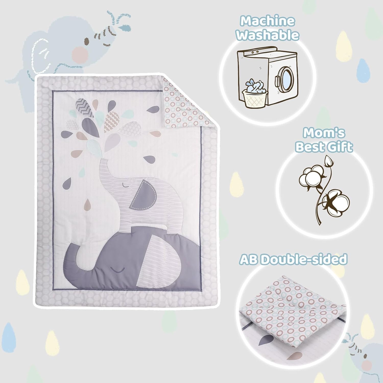 Wowelife Crib Bedding Set for Boys, Premium 3 Piece Elephant Baby Crib Bedding Set, Baby Nursery Crib Comforter Set for Boys with Crib Comforter, Skirt and Sheet, Gray