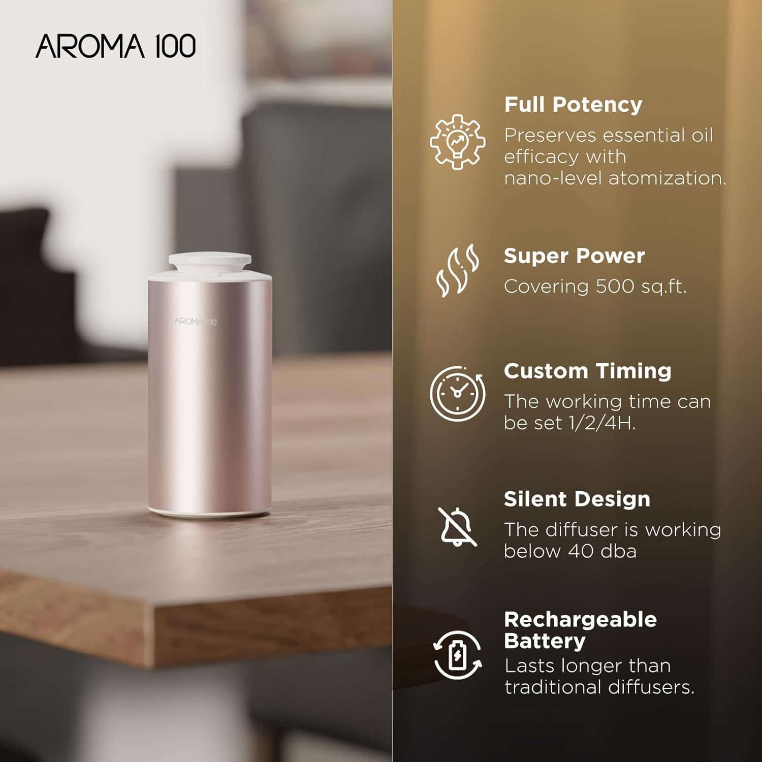 Waterless Diffuser for Essential Oil, 500sq.ft Coverage Battery Operated Nebulizer Rechargeable Mini Scent Diffusers for Home Cars Room Office 3 Timers & 3 Mist Levels (Rose Gold)