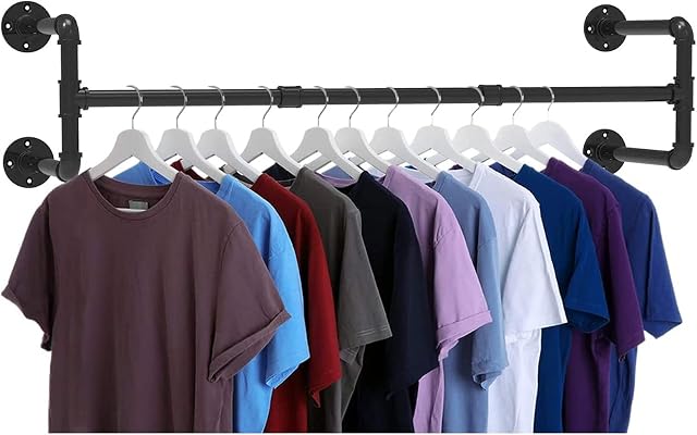 Wall Mounted Clothes Rail, Wall-Mounted Clothes Rack Industrial Pipe Clothes Hanging Bar Rail Hanging Display Rack Load-Bearing 132 lb Detachable Garment Hanging Storage Rail