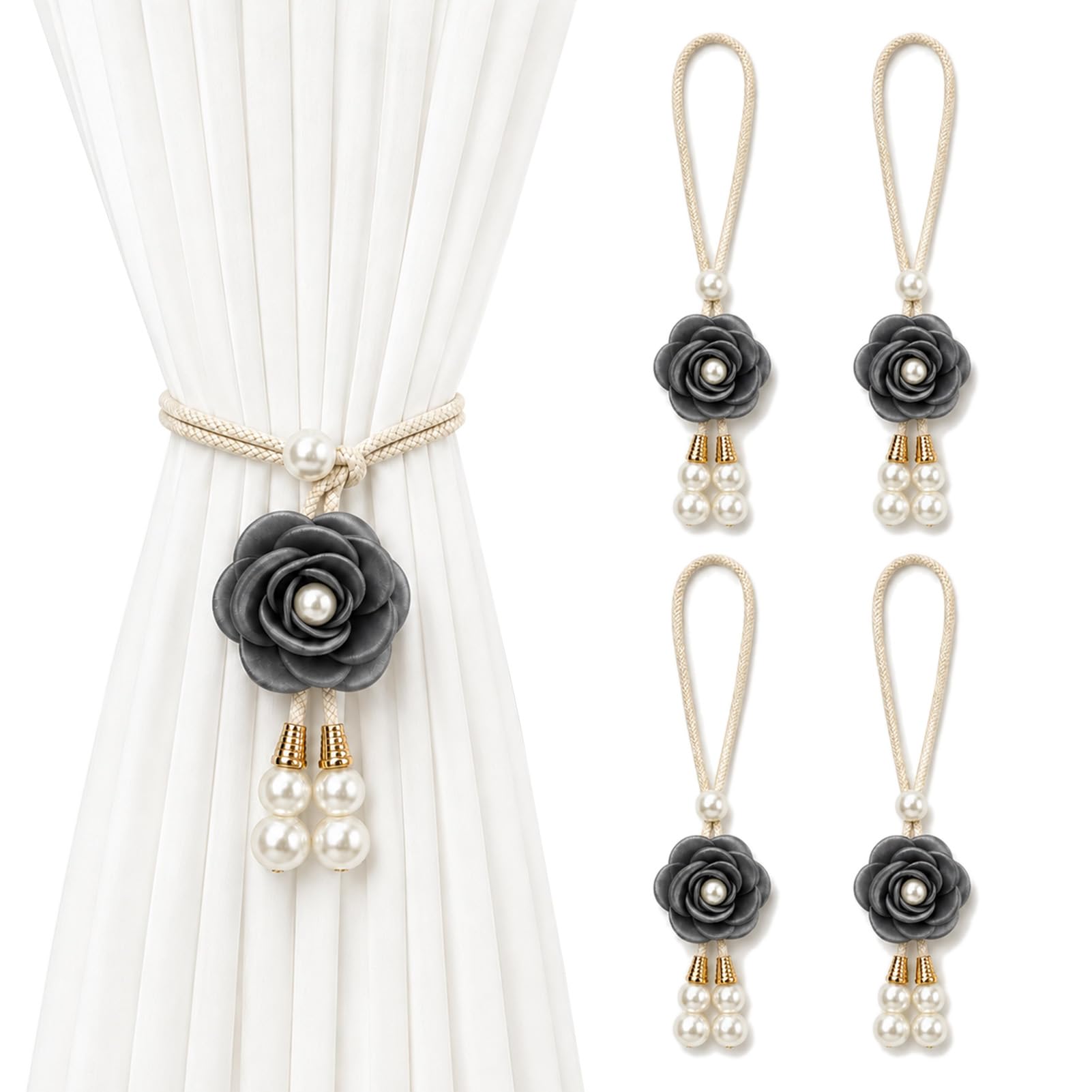 Set of 4 Floral Curtain Holders Pearl Ropes Black Knitted Curtain Tieback