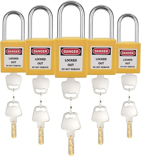 Juego de cerraduras de bloqueo (5 piezas, amarillo) - Con llave diferente, 2 llaves por cerradura - Candados de bloqueo compatibles con OSHA para