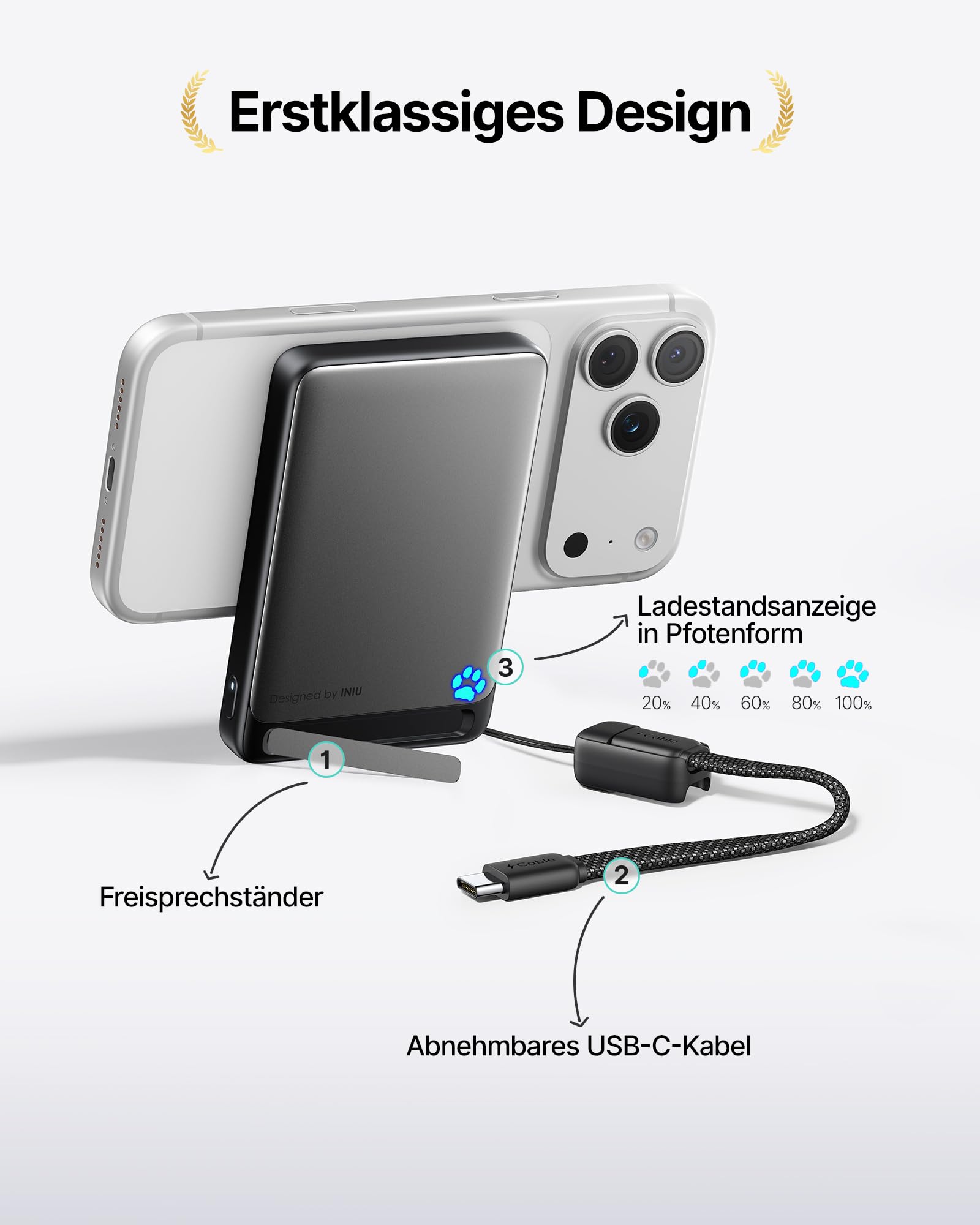 INIU Ultra-schlank 10000mAh Power Bank für MagSafe, Original Qi2-zertif. Wireless Fast Charging für iPhone 17-12 Serie, 45W Externe Akku mit USB C Kabel & Ständer, Reise Essential Magnetische Batterie