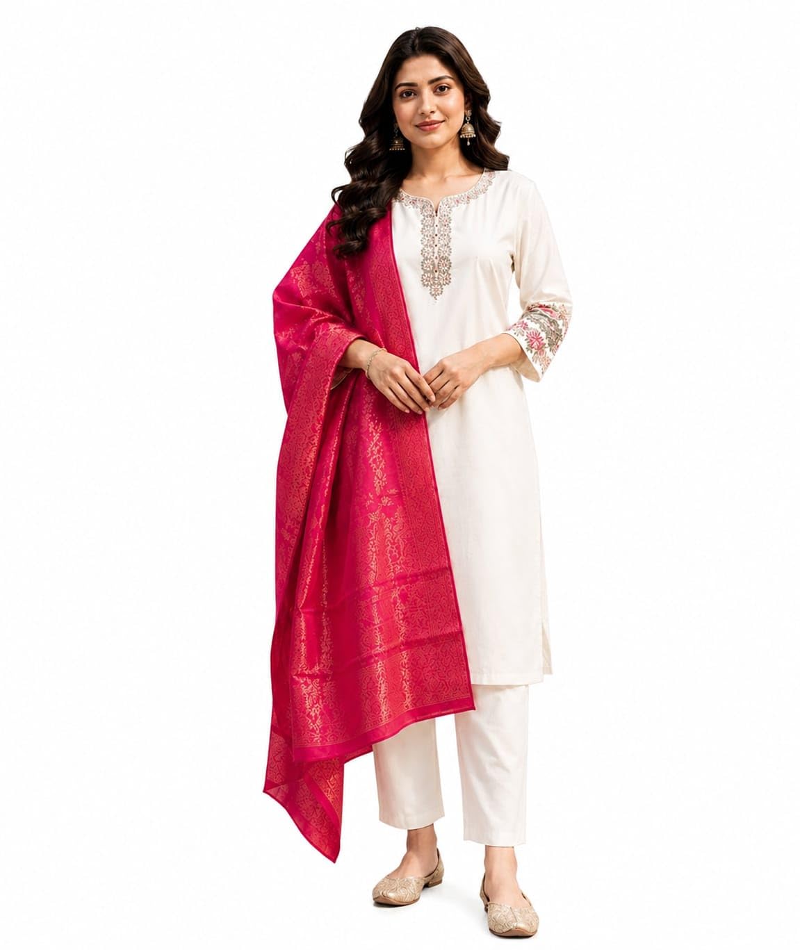 Women's Rayon Slub Embroidered Kurta Pant with Banarasi Dupatta Set-picture-11