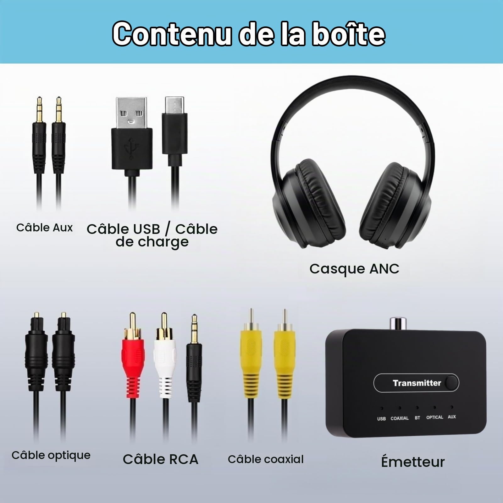Casque Audio TV sans Fil ANC - Pliable pour Voyage - Émetteur Bluetooth & Sorties Audio (Optique/Coaxial/RCA/AUX 3.5mm/USB) - pour Séniors & Toutes TVs/Box TV