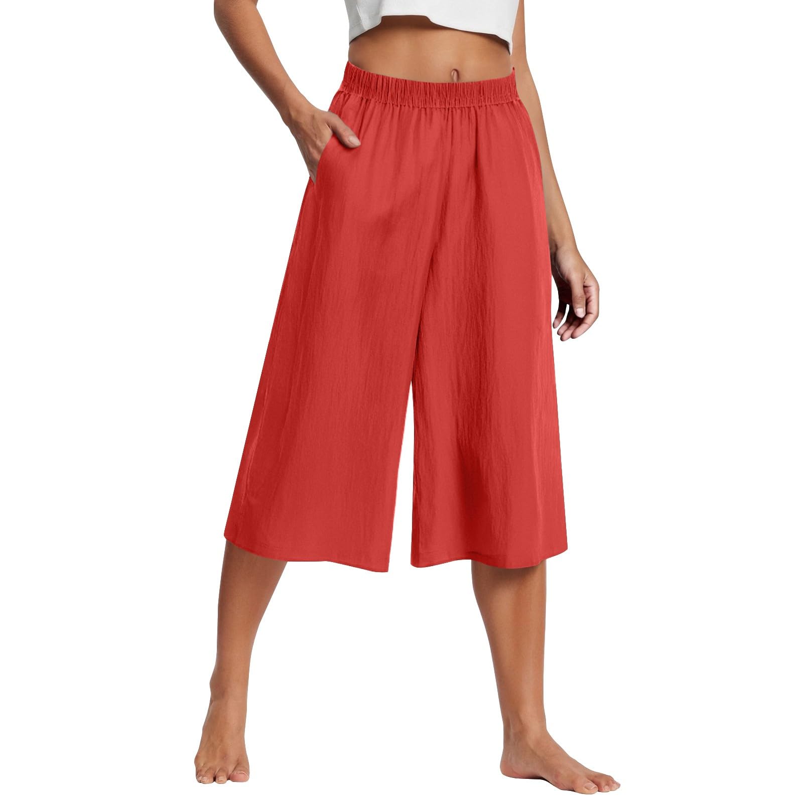Linen Pants Women Summer Linen Plus Size Gaucho Capris for Women High Waisted Capri Joggers Cropped Wide Leg Pants for Women Capri Straight Leg Yoga Pants with Pockets Lightweight Capri Sweatpants