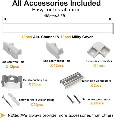 Miniatura 2 de Hunhun sistema de canales de aluminio de 33 pies1 metro con forma de U con cubierta de color blanco tapones y clips de montaje para cubrir franjas