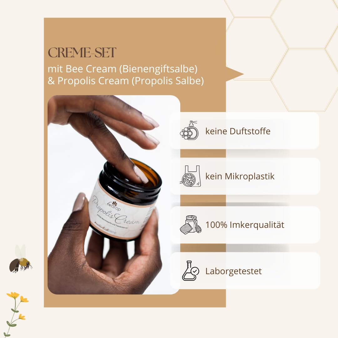 bedrop Creme-Set | Bee Cream (Bienengiftsalbe) 100g + Propolis Cream (Propolis Salbe) 60t im Sparset mit Traubenkernöl & 8 Kräuterextrakten