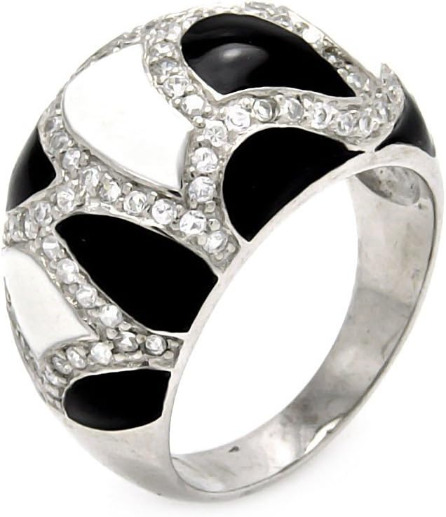 Rhodium Plated Black & White Enamel CZ Ring