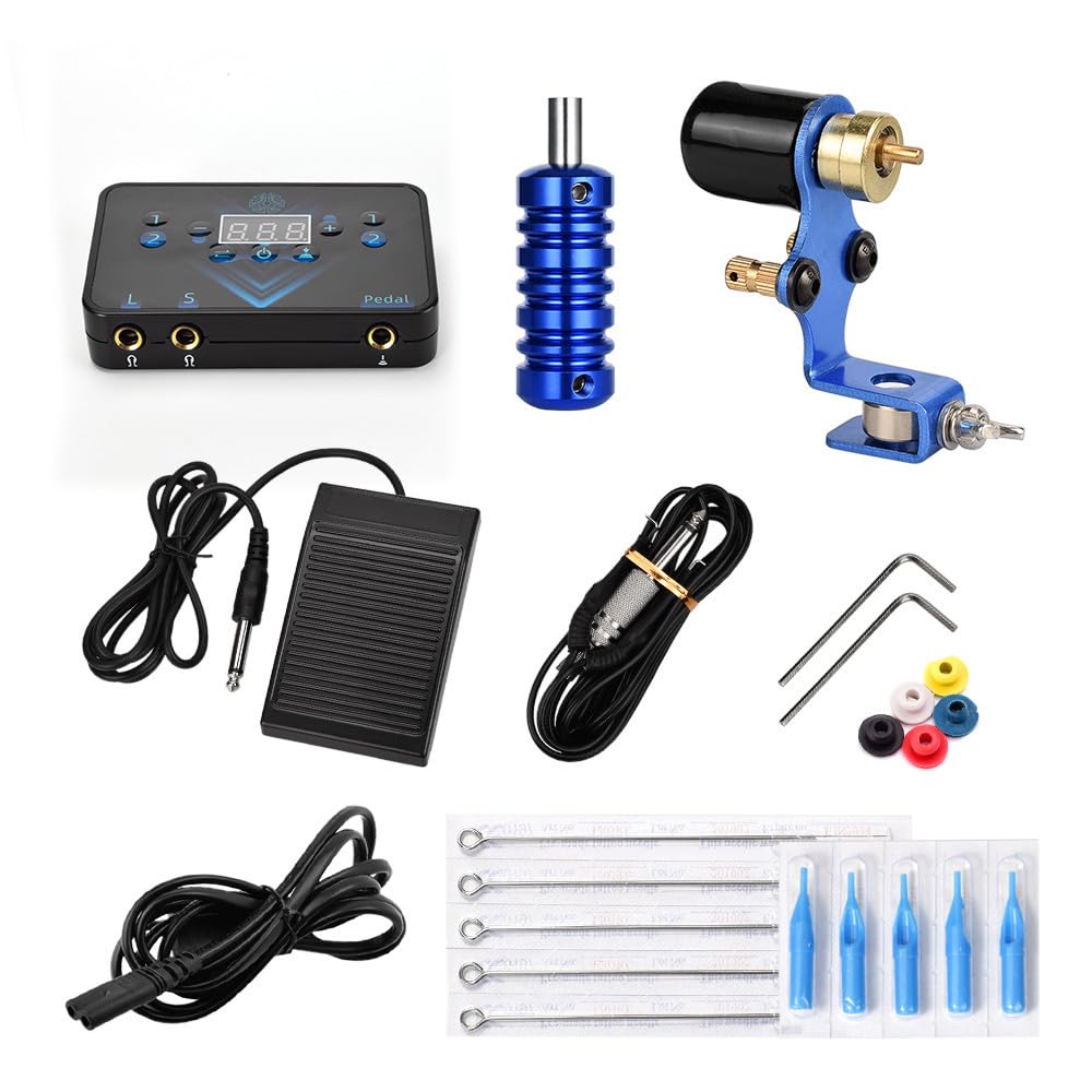 Set macchinetta rotativa per tatuaggi - Penna per tatuaggi con corsa da 3,5 mm con alimentatore a doppia uscita, motore da 6500 giri/min, cavo con clip e pedale per principianti e artisti,Blu