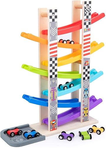 Wood City Juguetes para niños de 1, 2 y 3 años, juego de vehículos de juguete de carreras de madera con 7 mini autos y pistas de carreras, juguetes