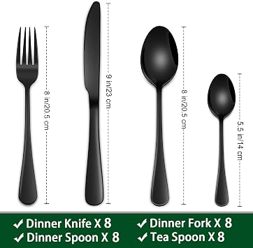 Black 32 Pieces Cutlery Sets Service for 8 Person,Stainless Steel Table Knife Spoon Fork Eating Utensils Sets for Kitchen Tableware Sets,Black Flatware Sets