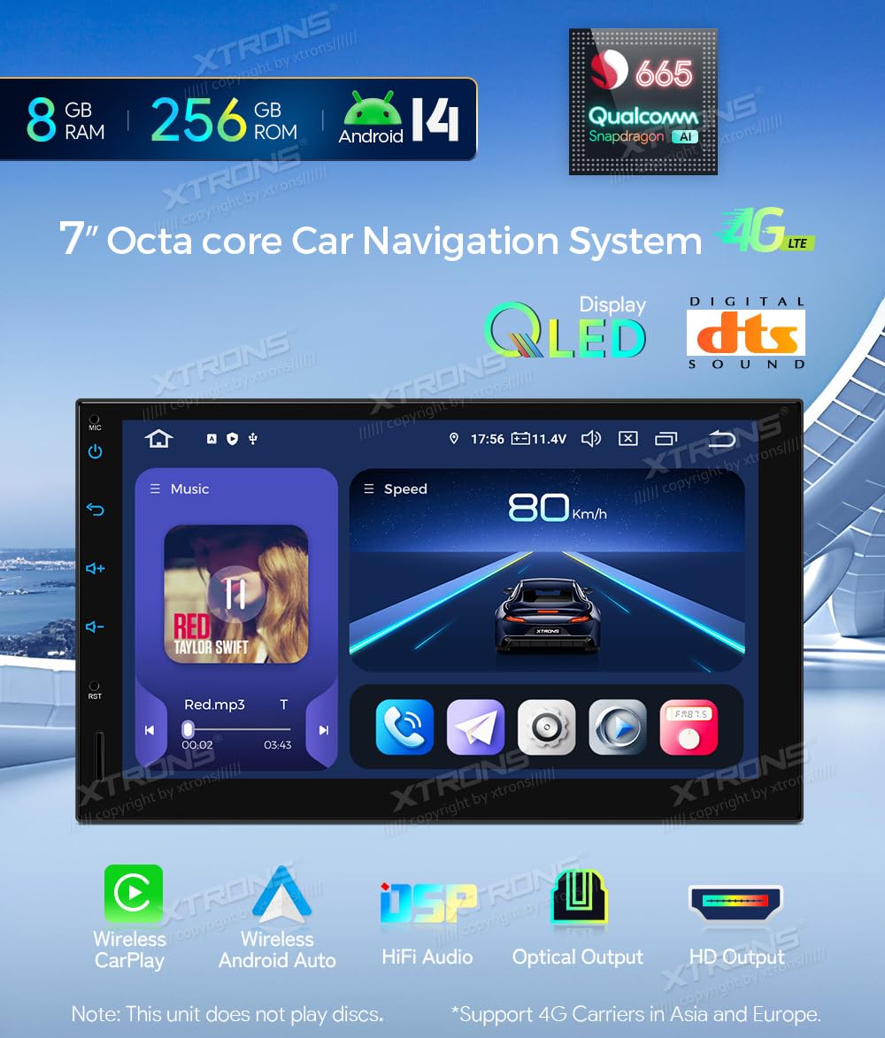 XTRONS TIQ742P 2-DIN-Autoradio mit GPS, Android 14, WLAN, 8 GB Speicher, CarPlay Auto und Qualcomm Snapdragon-Prozessor