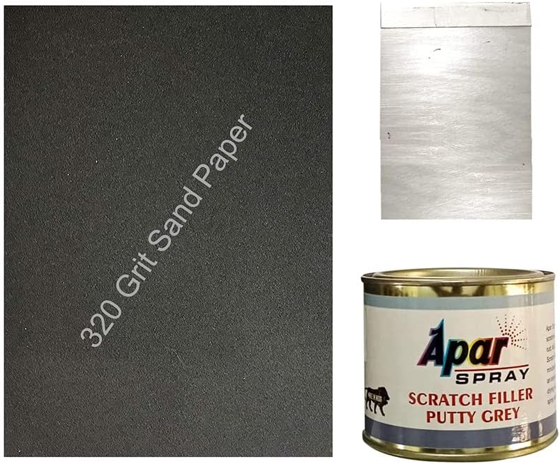 APAR Scratch filler putty Grey 200 gms 1 putty knife and 320 Grit sandpaper to Fill scratches and dent on car bike etc.