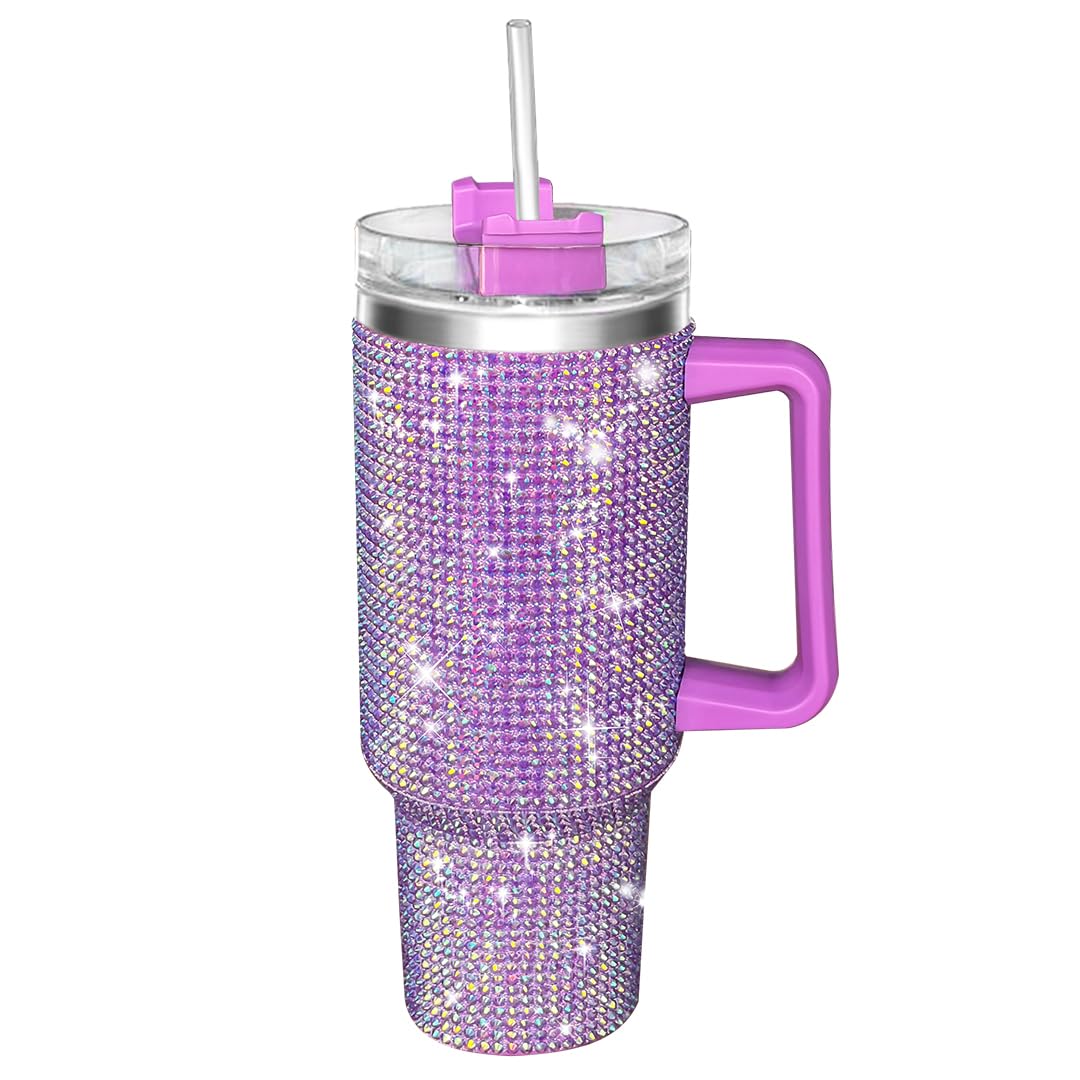 40oz Tumbler with Handle and Straw, Glitter Rhinestones Tumbler Bling Cups | Insulated Leak Proof Stainless Steel Water Bottle Diamond Studded Travel Tumbler-Birthday Gifts for Women, Mom, Girls(Lilac)