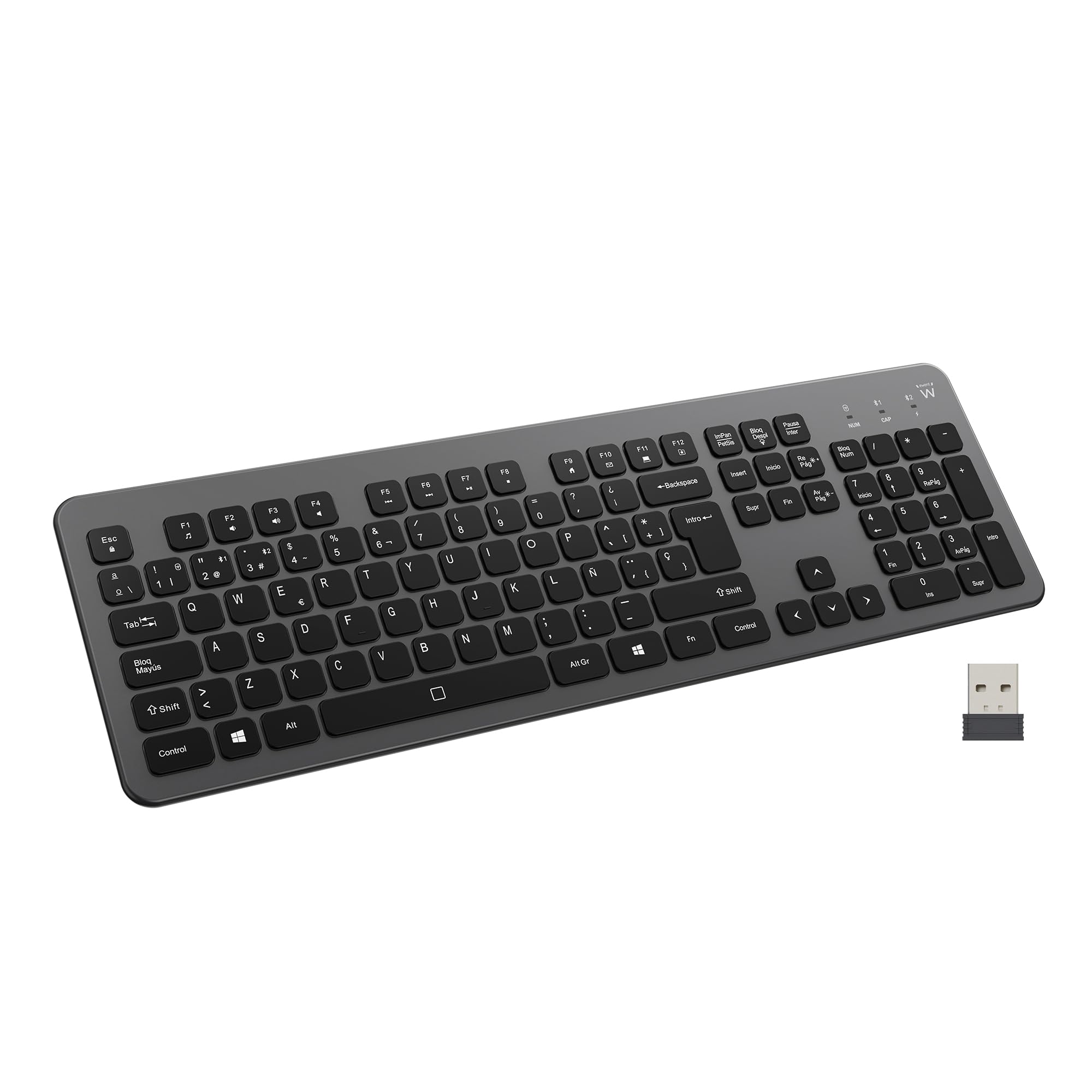 Ewent Tastiera Wireless Retroilluminata Full Size con Layout Spagnolo, Bluetooth e Wireless 2.4GHz, Tasti Silenziosi, Batteria Ricaricabile, Tastiera Senza Fili per Windows, macOS, Android e Tablet