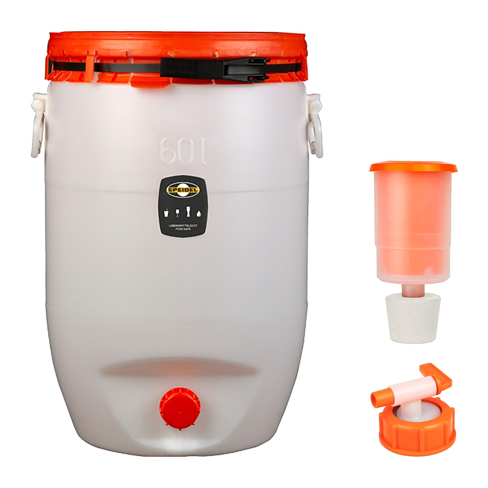 Mostfass 60 Liter mit Auslaufhahn NW 10 und Gärspund, Gärfass (60 L rund) für Most, Wein, Cider, Säfte, Getränke, Fass Getränkefass lebensmittelecht, Kunststoff Gärbehälter Behälter