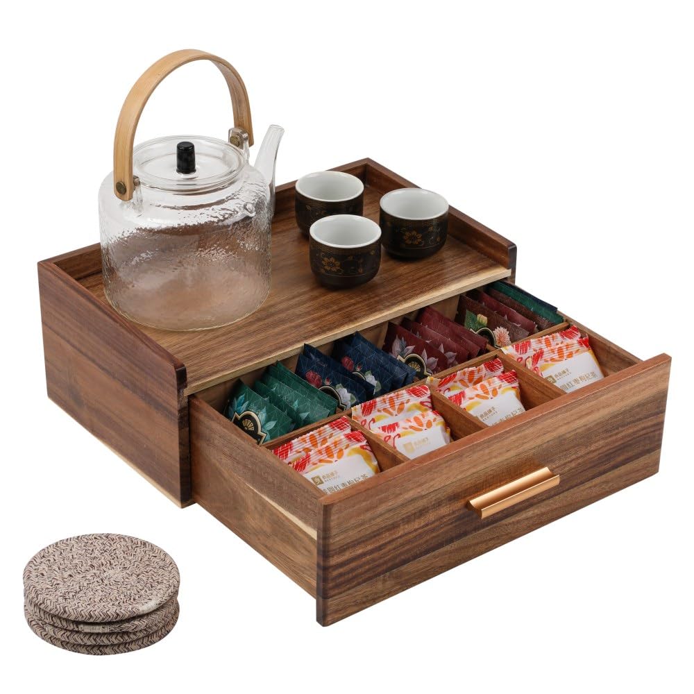Tea Organizers and Storage Box Tea Station organizer for Countertop with 4 Cotton Woven Coasters Acacia Wood Tea Bag Organizer Drawer Teabag Holder with 8 Compartments Wooden Sugar Packet Holder