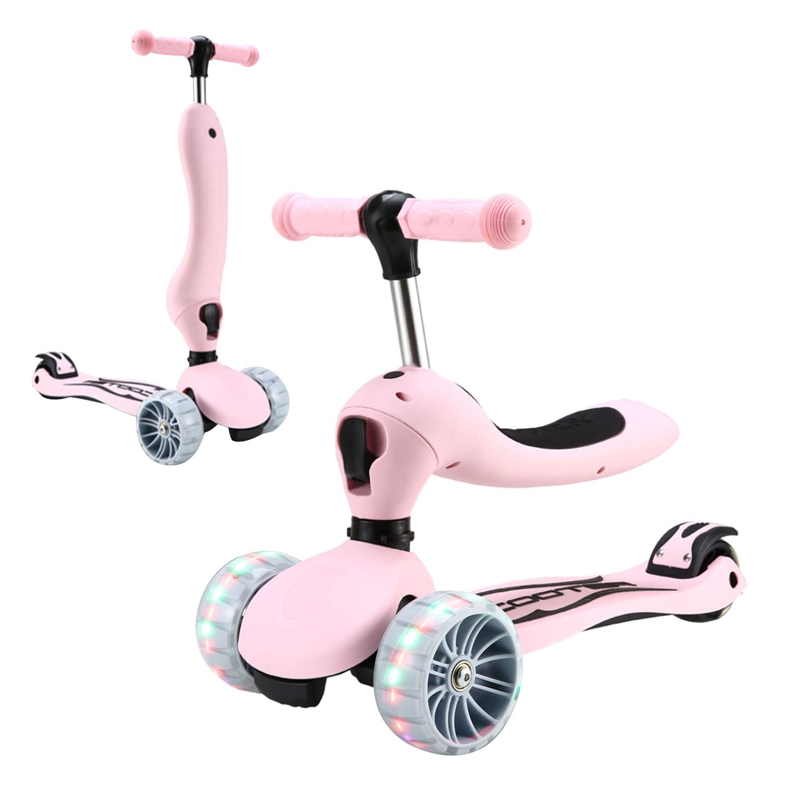Beauenty 2-IN-1 Kids Scooter, Flashing Wheel Seated Scooter for 1-2-3-8 year olds baby, toddler and kids, Height Adjustable Scooter for Kids with PU Wheels