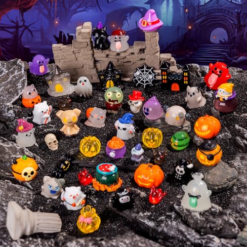 Teenzee 44P Mini Halloween Figurines Tiny Figures Resin Miniature Little Small Figurines Bulk for Micro Fairy Garden Landscape Accessories Hide Crafts Decor