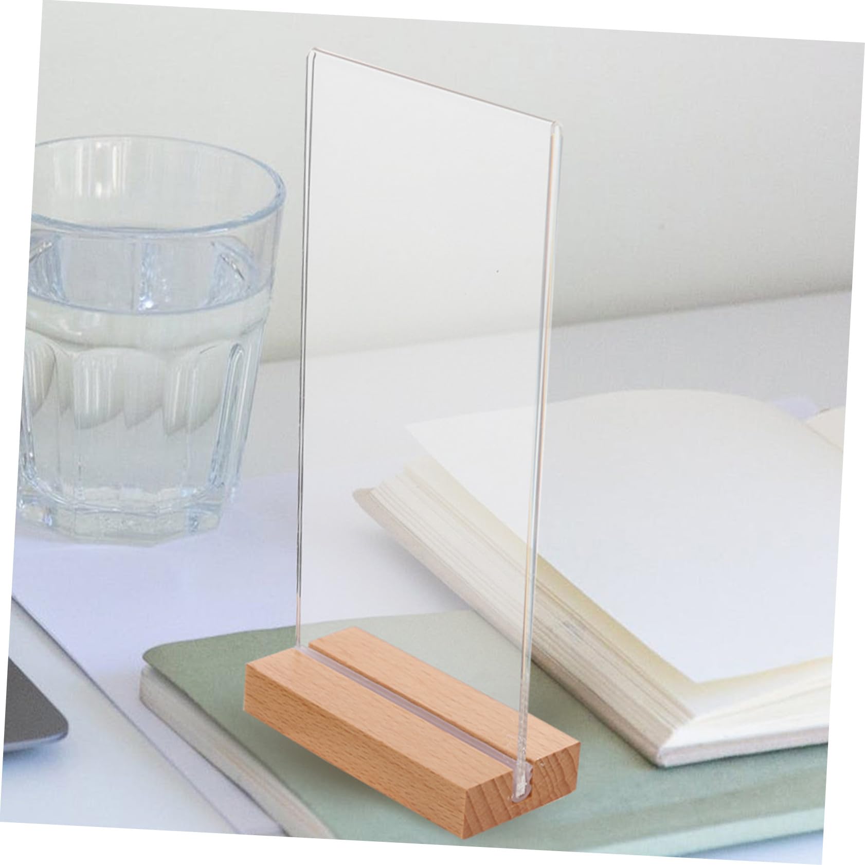 5 Piezas Soporte de Carteles de Acrílico Transparente con Base de Madera T Forma Vertical para Menús de Restaurante Oficina Expositor de
