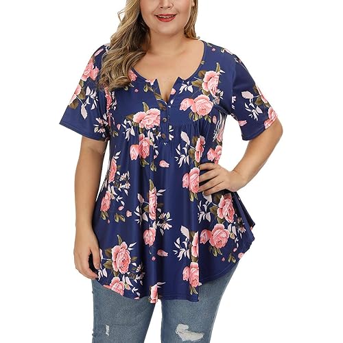 ALLEGRACE Women's Plus Size Tunic Tops Summer Short Sleeve V Neck Blouses Ruffle Flowy Button Up T Shirts