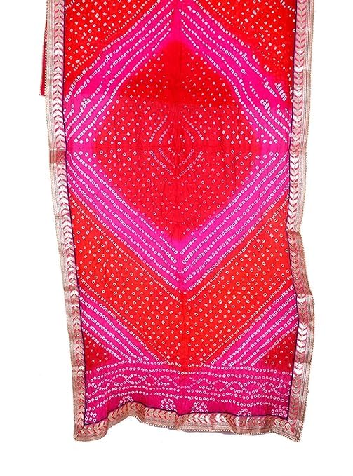 Women's Silk Jaipuri Rajasthani Bandhani Bandhej Heavy Dupatta with Gota Work and Latkan (Orange and Pink)2