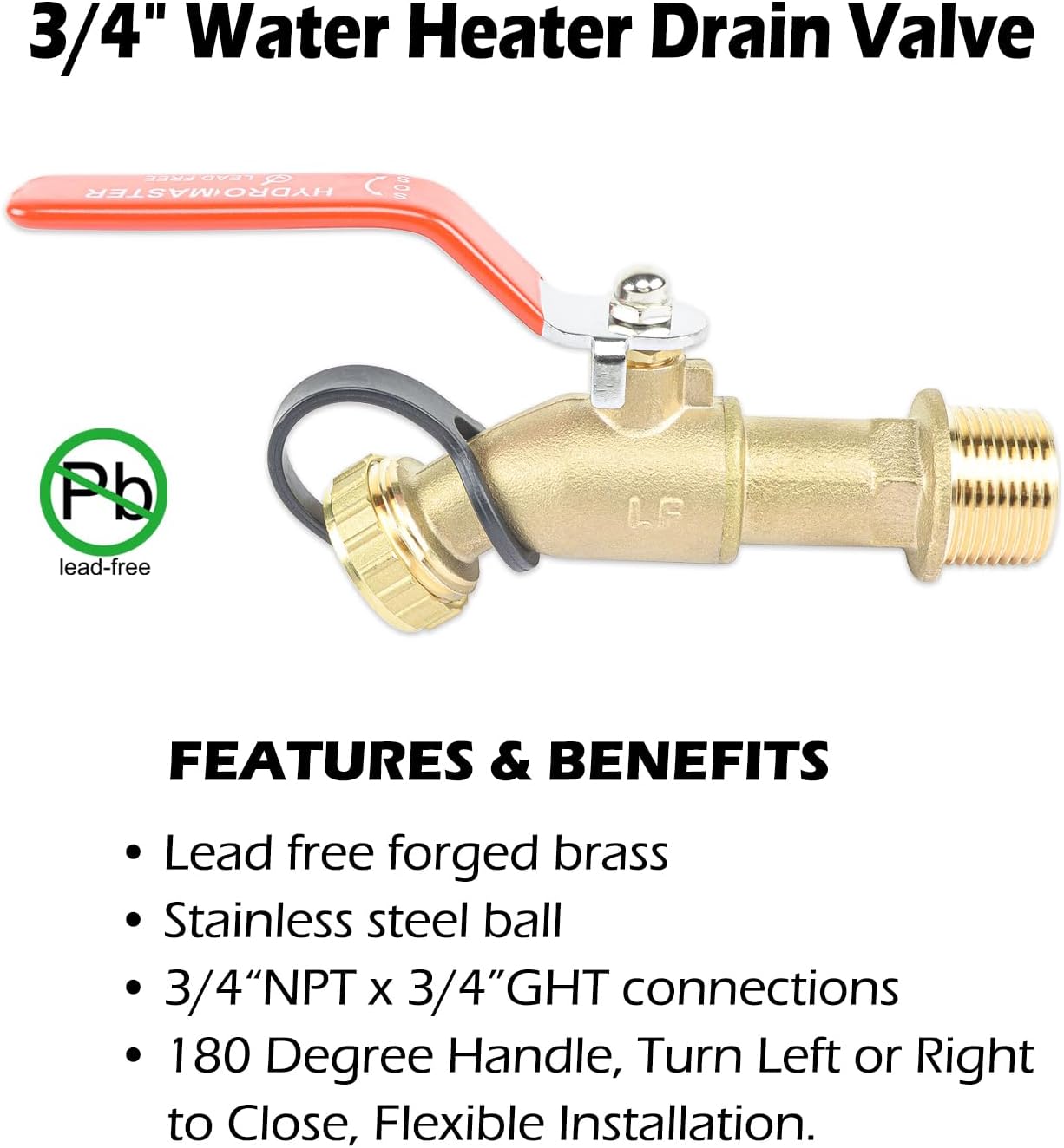 Full Port Brass 3/4" MNPT Water Heater Drain/Flush Ball valve(2 inch Shank, LF Compliant, 180 Degree Handle, w/Garden Hose Cap)