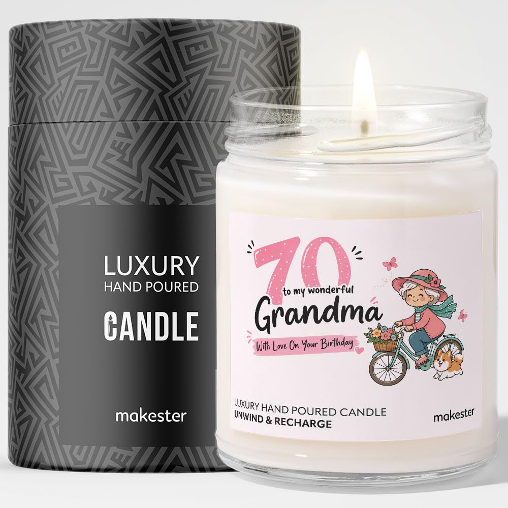 70th Birthday Gift for Grandma - Luxury Soy Wax Candle - Vanilla, Jasmine, Sugared Almond - Makester — image 1