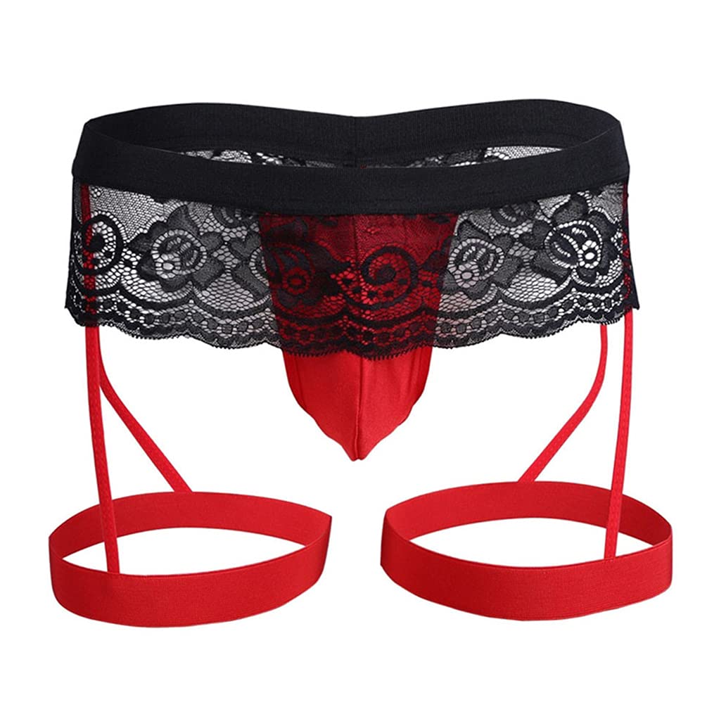 Men's Sissy Lace Trim G-String Jockstrap Bikini Thong Lingerie Underpants with Garter Sexy Bulge Pouch Underwear for Sex (XL,Red)